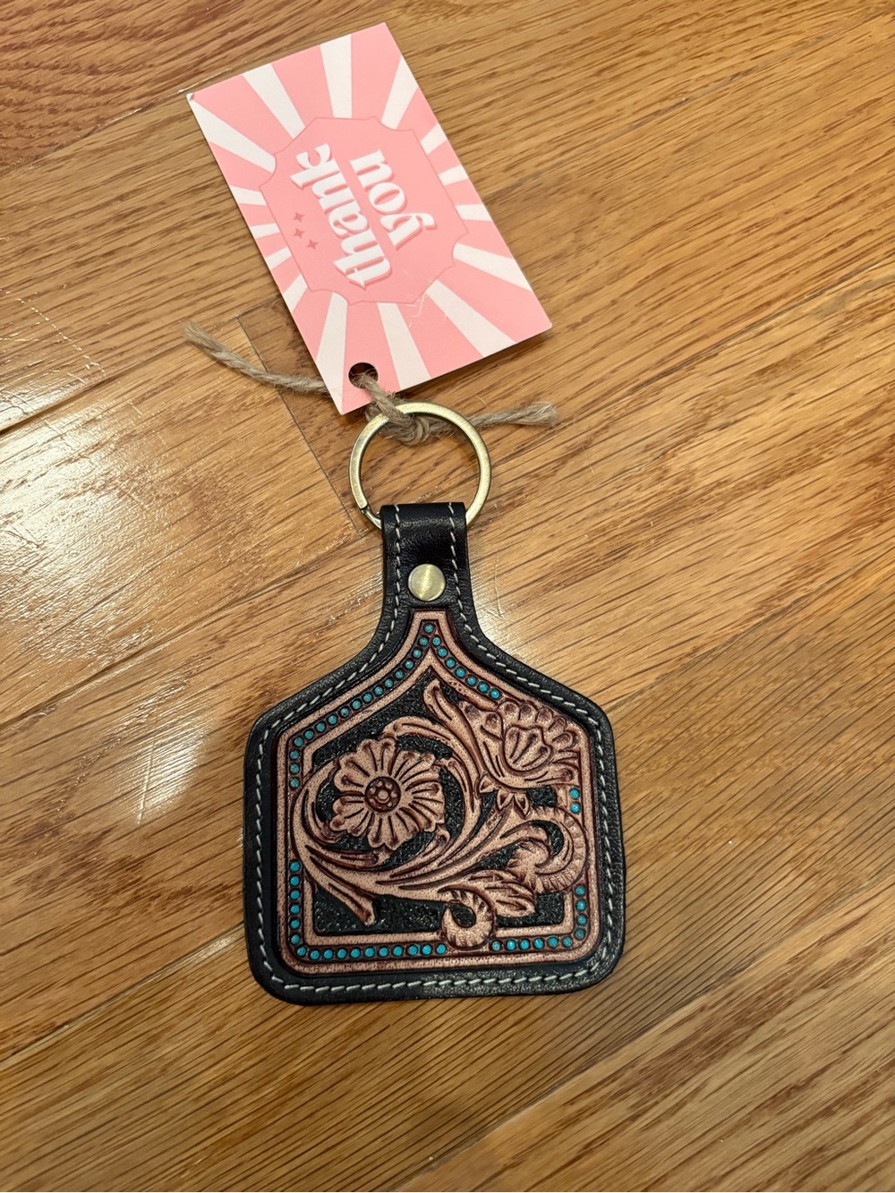 Leather Floral Tooled Keychain with Turquoise Accents - Unbranded